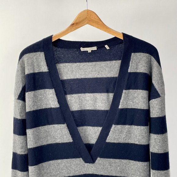 Vince 100% Cashmere Long Line V Neck Sweater, Navy/Grey Stripes, Size L - Picture 1 of 8